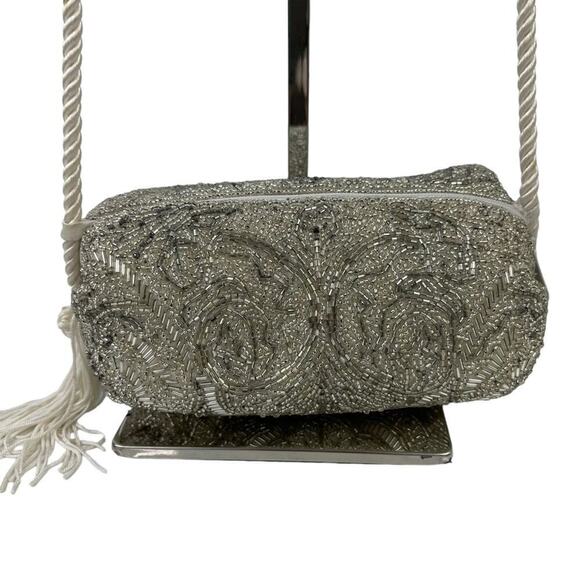 Vintage Handbags - Vintage Evening Silver Beaded Crossbody Formal Bag Tassel Purse